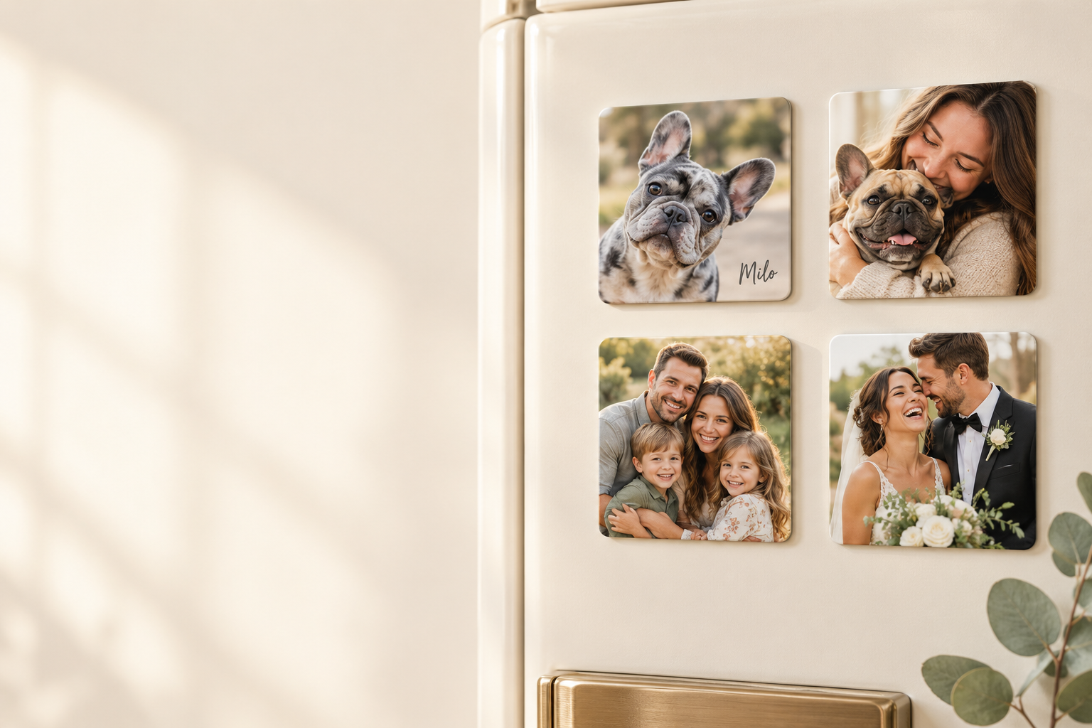 Personalized photo magnets with a merle Frenchie, dog and owner, family and wedding portraits