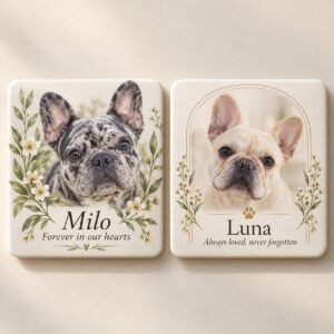 Two elegant Frenchie memorial magnet designs: merle Milo with botanical flowers and cream Luna with a gold arch
